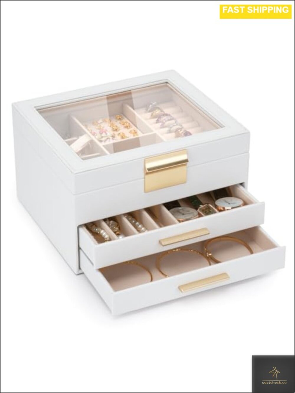 3-Layer Jewelry Box Organizer Clear Glass Lid PU Leather Drawers